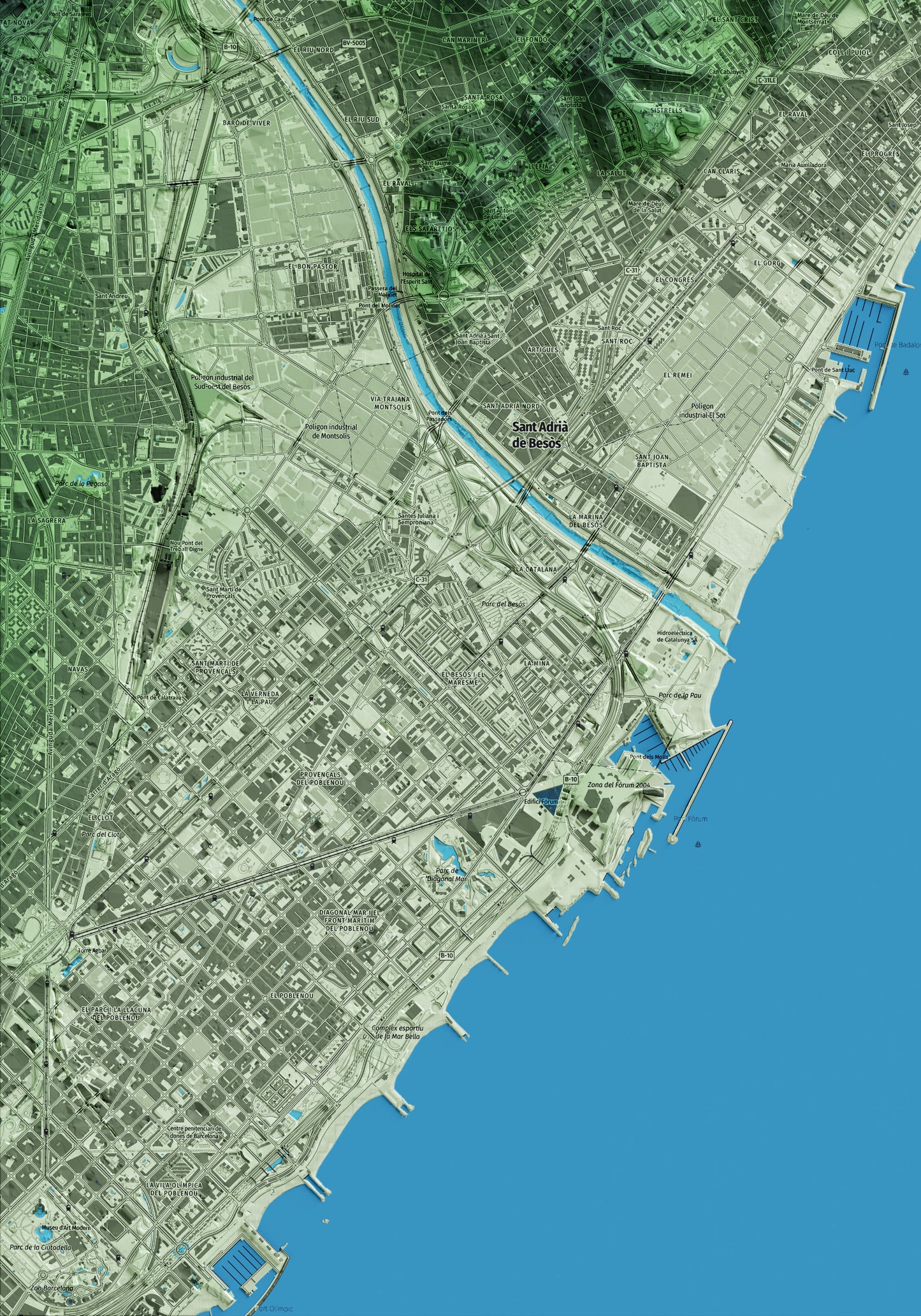 Mapa artístico del relieve de Badalona, al Barcelonès, con 15 km de entorno y base topográfica ICGC. Detalle de la zona inferior izquierda.