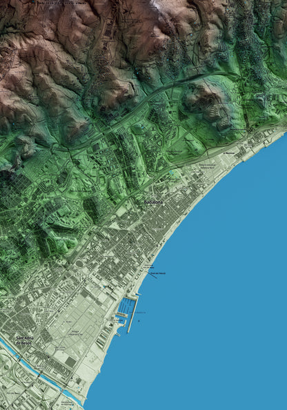 Mapa artístico del relieve de Badalona, al Barcelonès, con 15 km de entorno y base topográfica ICGC. Detalle de la zona central.