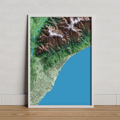 Mapa artístico del relieve de Badalona, al Barcelonès, con 15 km de entorno y base topográfica ICGC. Presentación enmarcada.