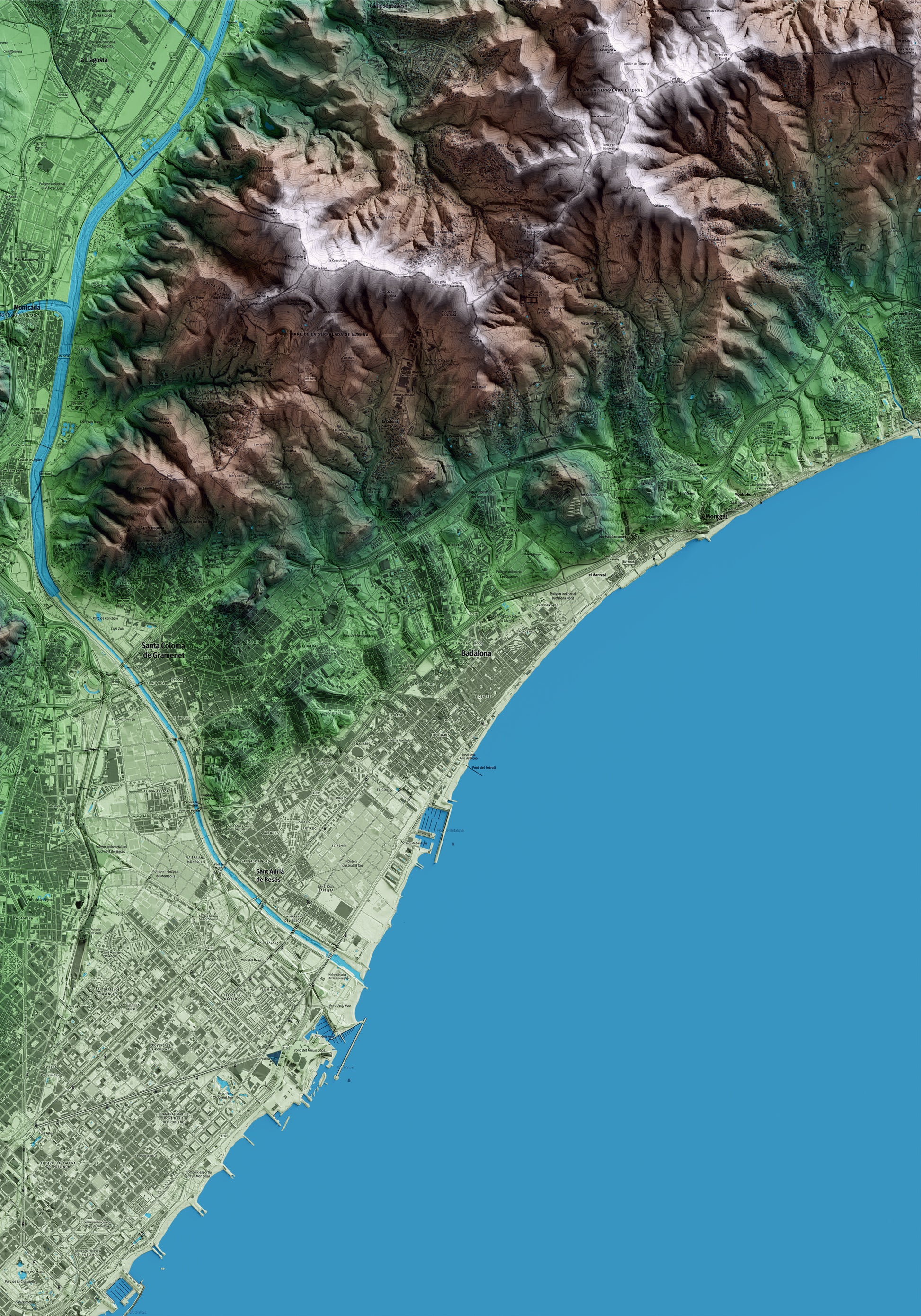 Mapa artístico del relieve de Badalona, al Barcelonès, con 15 km de entorno y base topográfica ICGC
