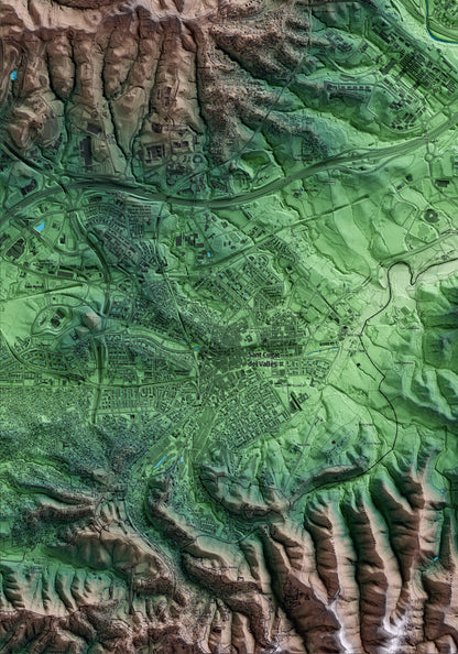 Mapa artístico del relieve de Badia del Vallès, al Vallès Occidental, con 15 km de entorno y base topográfica ICGC. Detalle de la zona inferior izquierda.