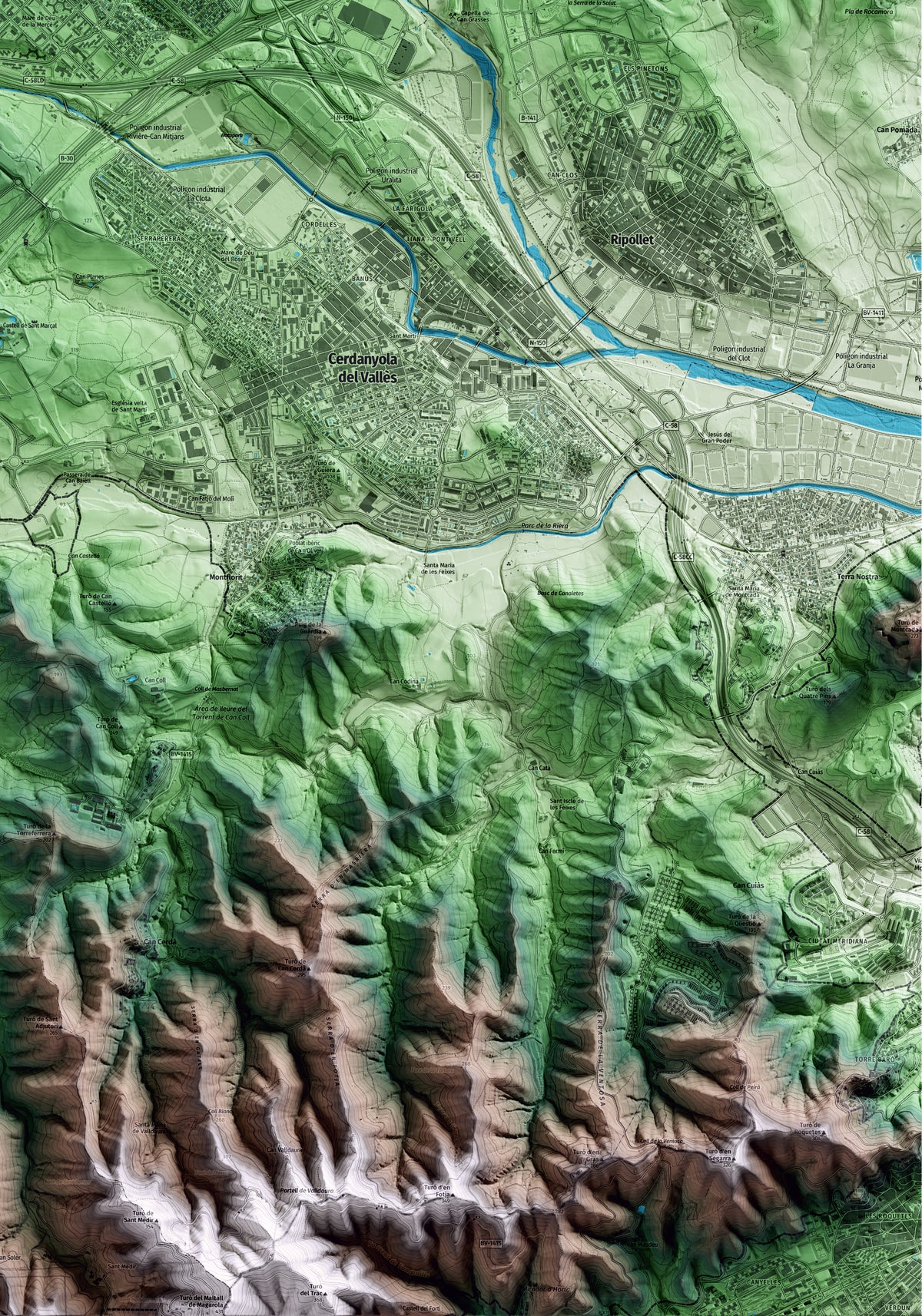 Mapa artístico del relieve de Badia del Vallès, al Vallès Occidental, con 15 km de entorno y base topográfica ICGC. Detalle de la zona inferior derecha.