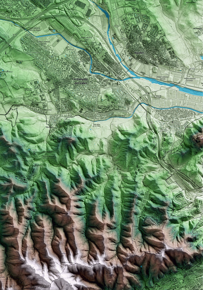 Mapa artístico del relieve de Badia del Vallès, al Vallès Occidental, con 15 km de entorno y base topográfica ICGC. Detalle de la zona inferior derecha.