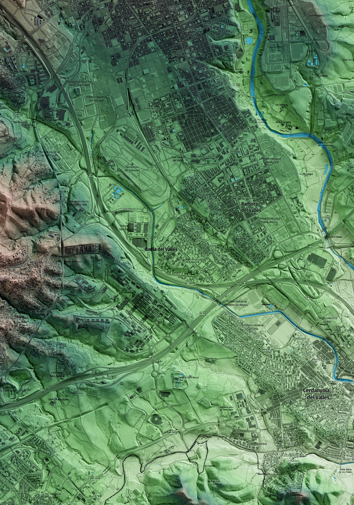 Mapa artístico del relieve de Badia del Vallès, al Vallès Occidental, con 15 km de entorno y base topográfica ICGC. Detalle de la zona central.