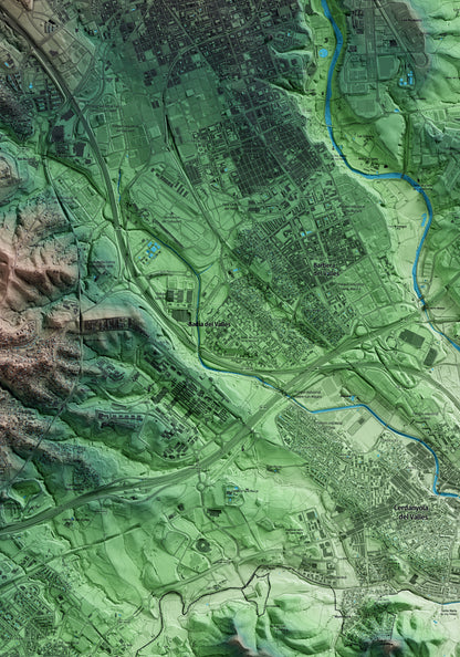 Mapa artístico del relieve de Badia del Vallès, al Vallès Occidental, con 15 km de entorno y base topográfica ICGC. Detalle de la zona central.