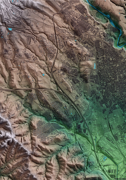 Mapa artístico del relieve de Badia del Vallès, al Vallès Occidental, con 15 km de entorno y base topográfica ICGC. Detalle de la zona superior izquierda.