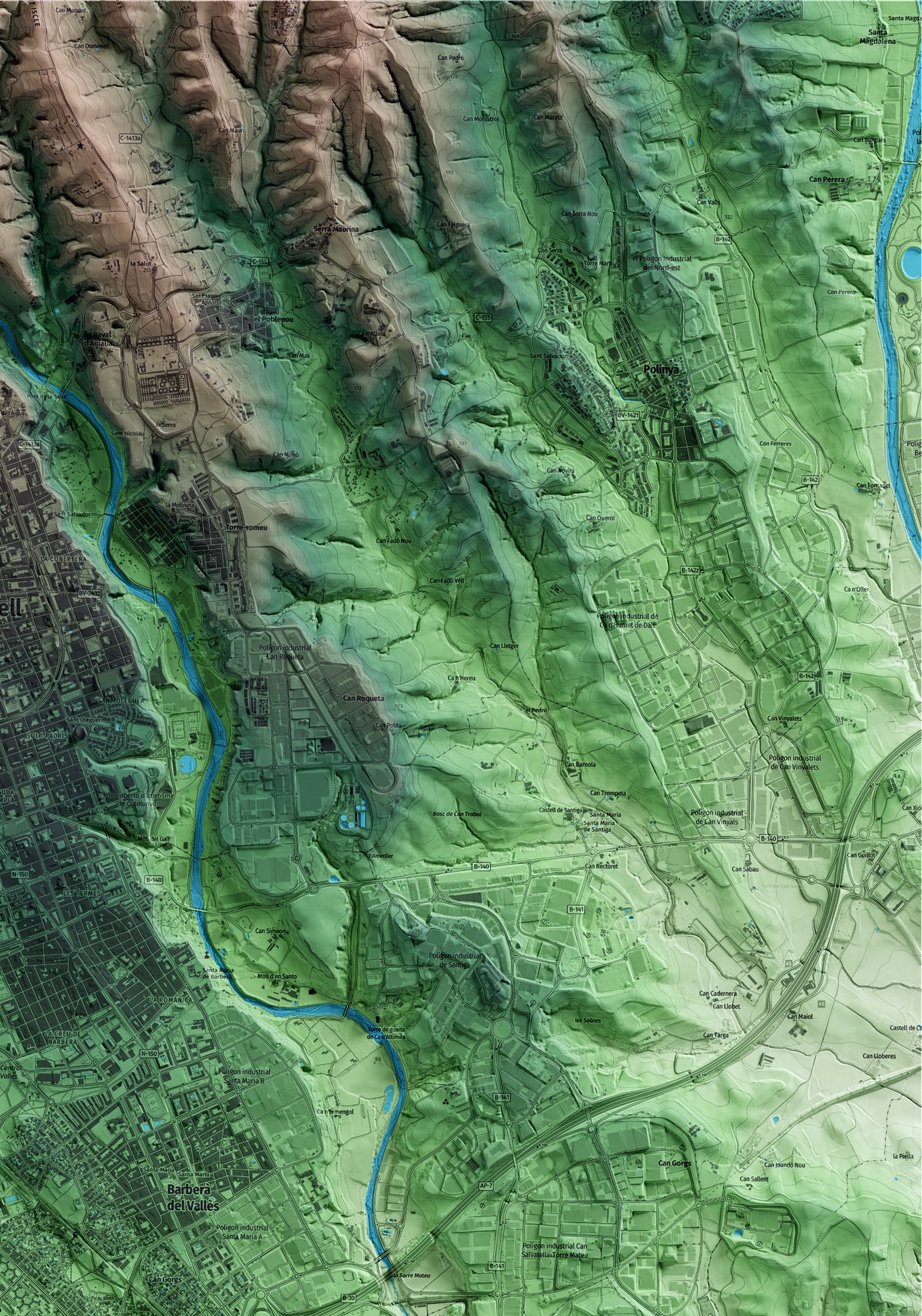 Mapa artístico del relieve de Badia del Vallès, al Vallès Occidental, con 15 km de entorno y base topográfica ICGC. Detalle de la zona superior derecha.