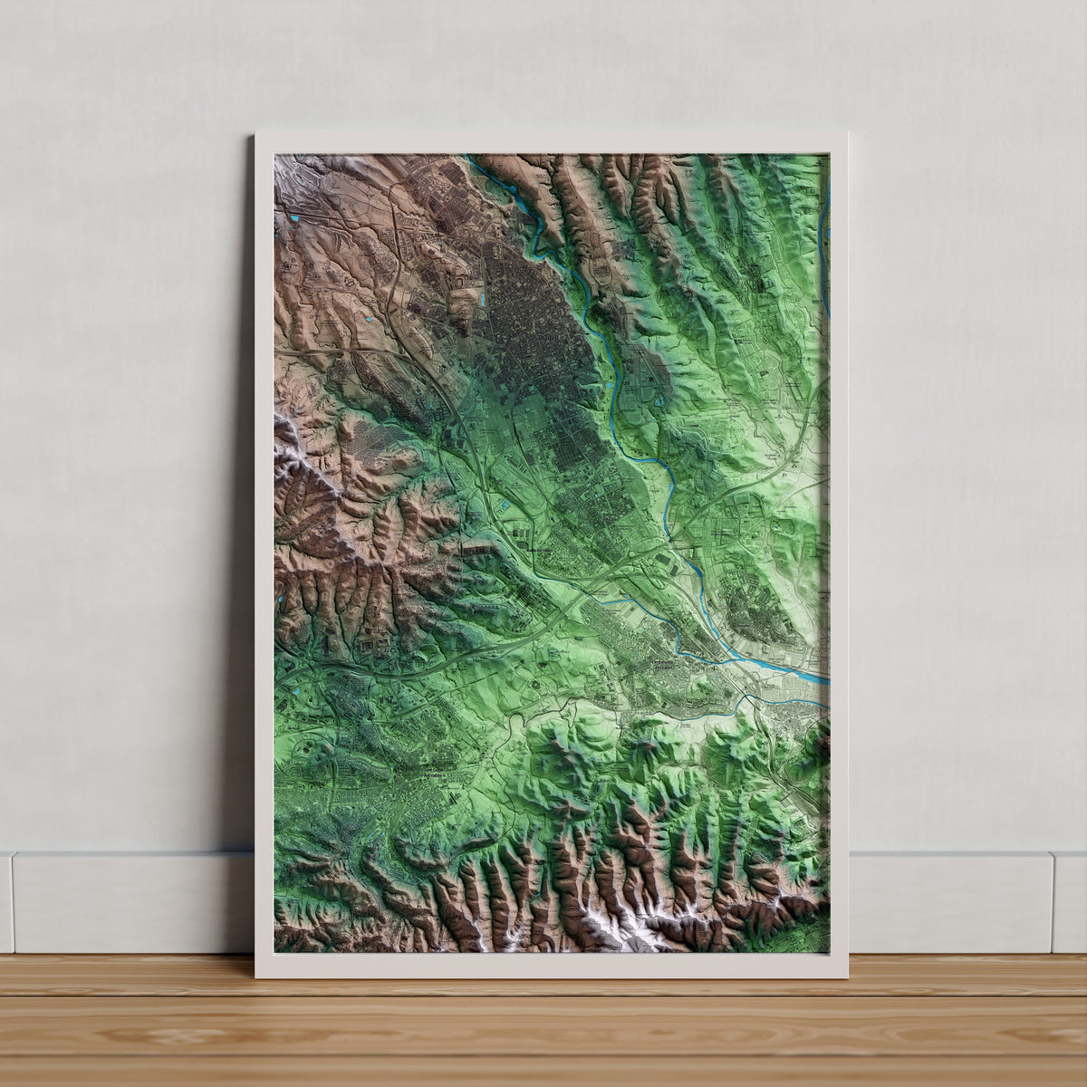 Mapa artístico del relieve de Badia del Vallès, al Vallès Occidental, con 15 km de entorno y base topográfica ICGC. Presentación enmarcada.