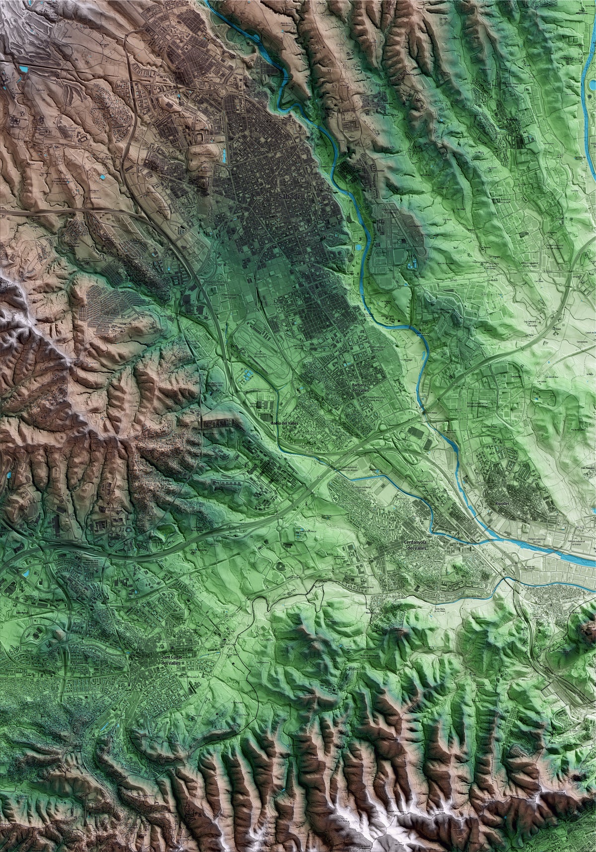 Mapa artístico del relieve de Badia del Vallès, al Vallès Occidental, con 15 km de entorno y base topográfica ICGC