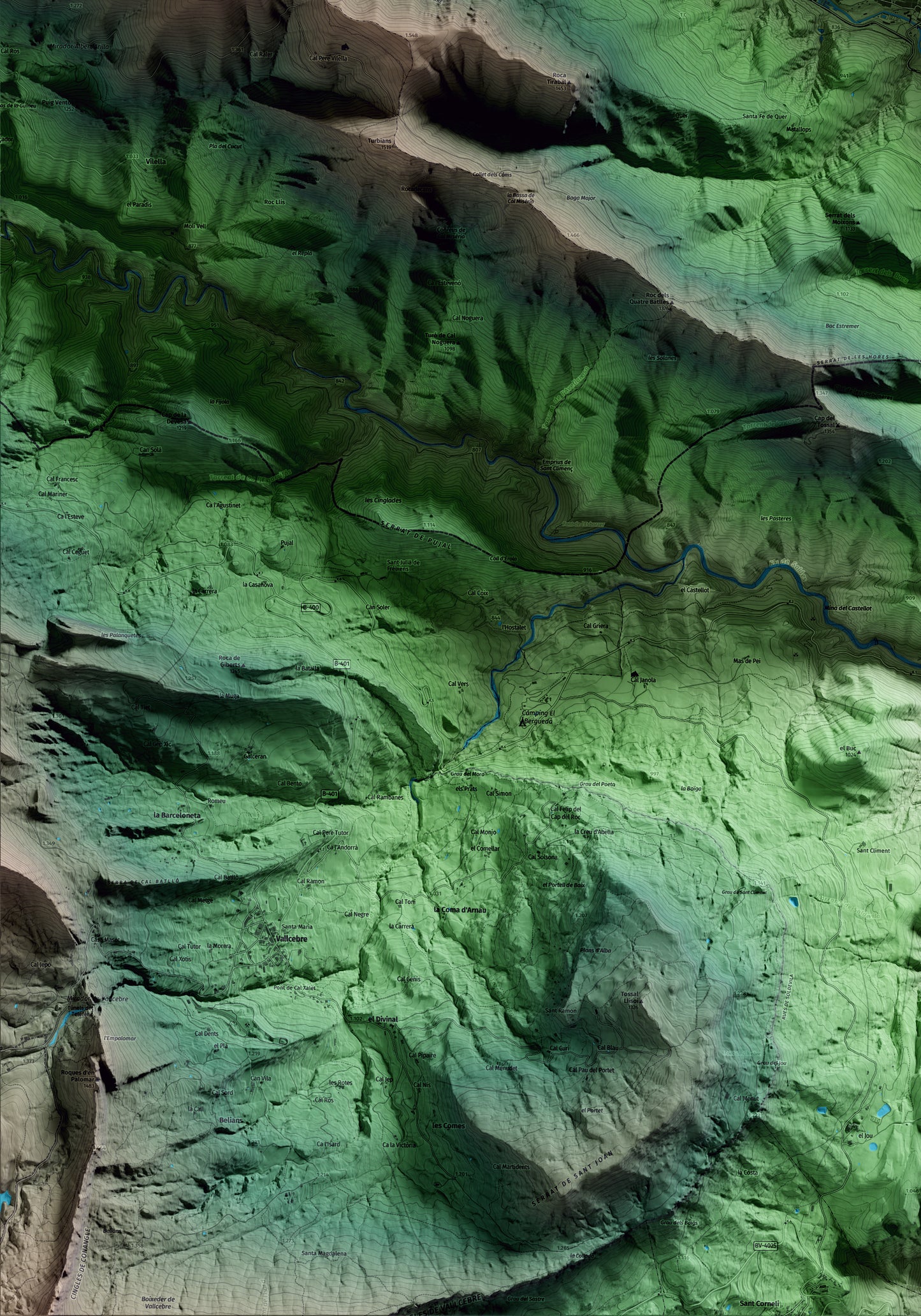 Mapa artístico del relieve de Bagà, al Berguedà, con 15 km de entorno y base topográfica ICGC. Detalle de la zona inferior izquierda.