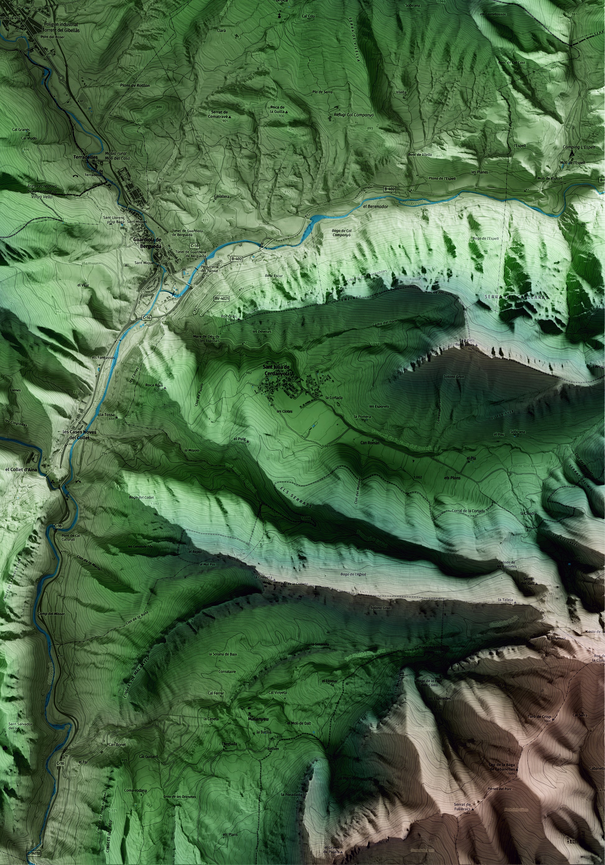 Mapa artístico del relieve de Bagà, al Berguedà, con 15 km de entorno y base topográfica ICGC. Detalle de la zona inferior derecha.