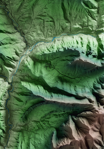 Mapa artístico del relieve de Bagà, al Berguedà, con 15 km de entorno y base topográfica ICGC. Detalle de la zona inferior derecha.