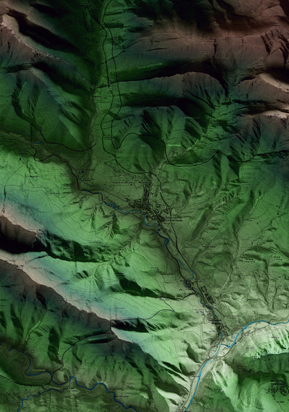 Mapa artístico del relieve de Bagà, al Berguedà, con 15 km de entorno y base topográfica ICGC. Detalle de la zona central.