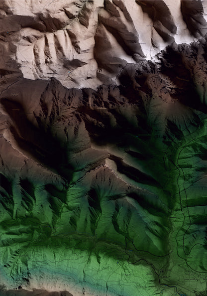 Mapa artístico del relieve de Bagà, al Berguedà, con 15 km de entorno y base topográfica ICGC. Detalle de la zona superior izquierda.