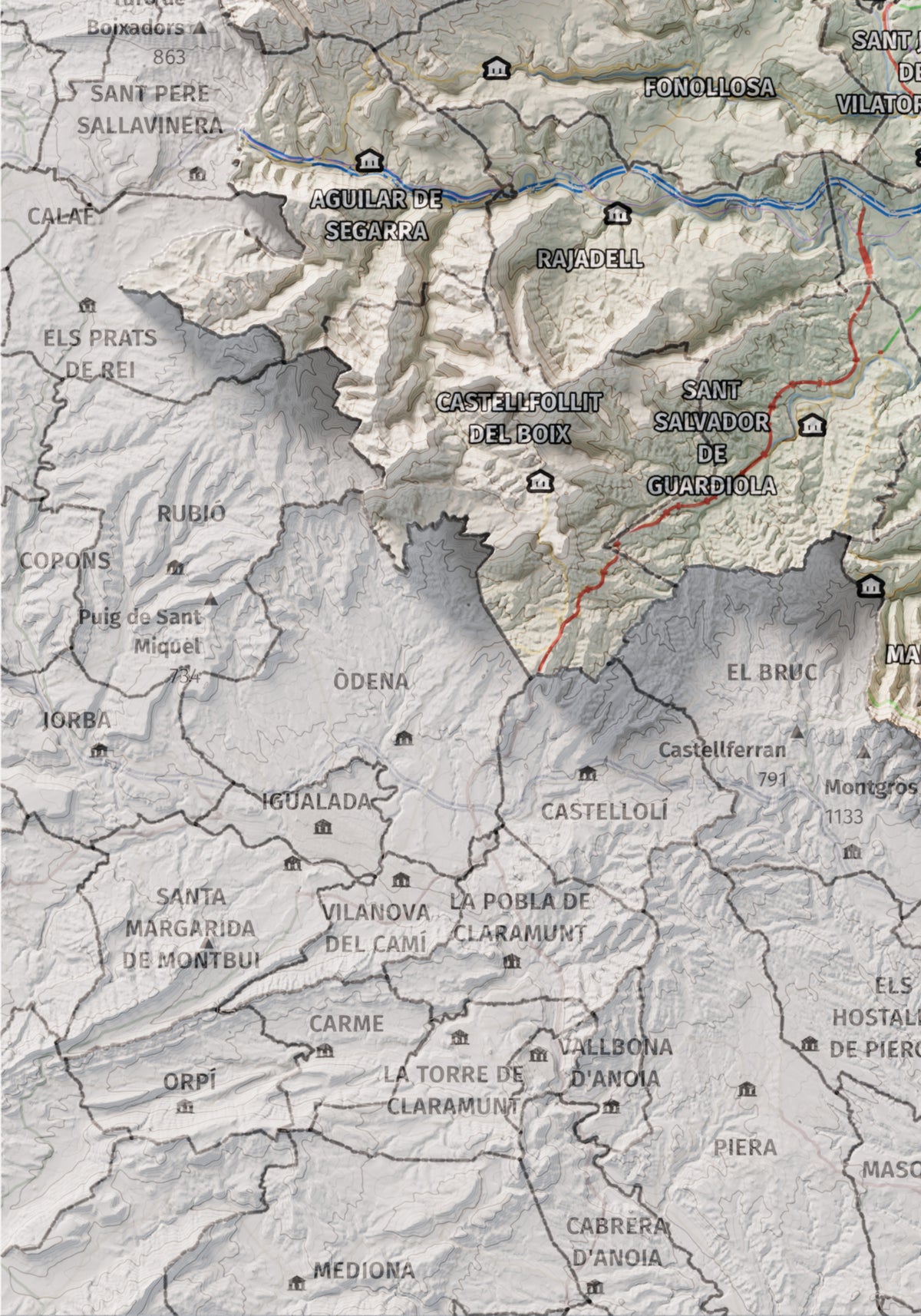 Mapa de relleu del Bages, amb el territori en color i l’entorn en blanc. Detall de la part inferior esquerra. 21 × 30 cm. Estil Cartogràfic.