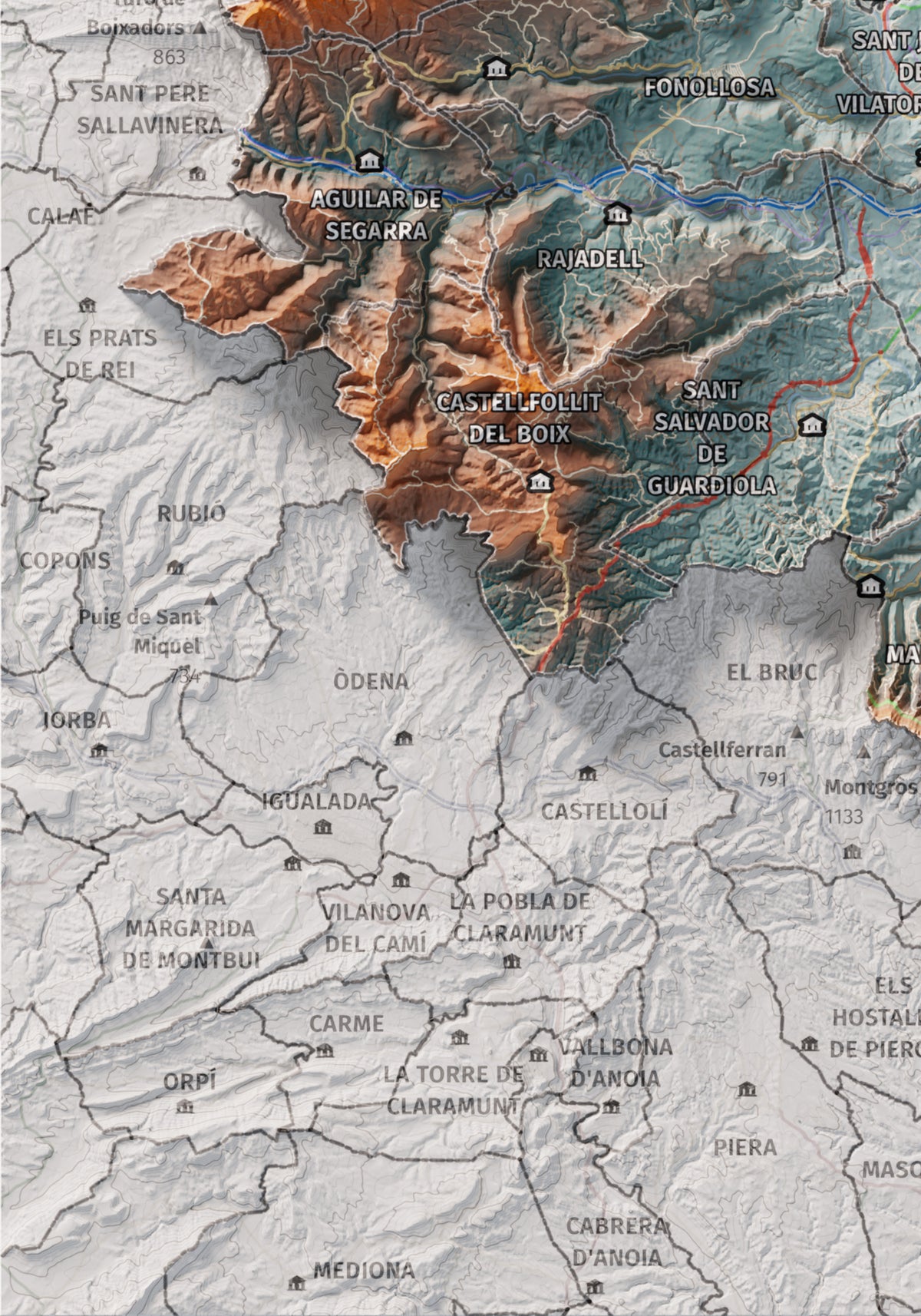 Mapa de relleu del Bages, amb el territori en color i l’entorn en blanc. Detall de la part inferior esquerra. 21 × 30 cm. Estil Blau i taronja.