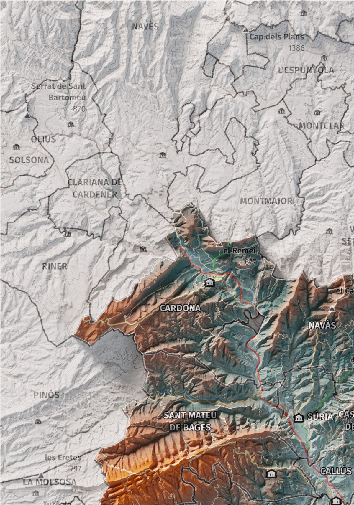 Mapa de relleu del Bages, amb el territori en color i l’entorn en blanc. Detall de la part superior esquerra. 21 × 30 cm. Estil Blau i taronja.