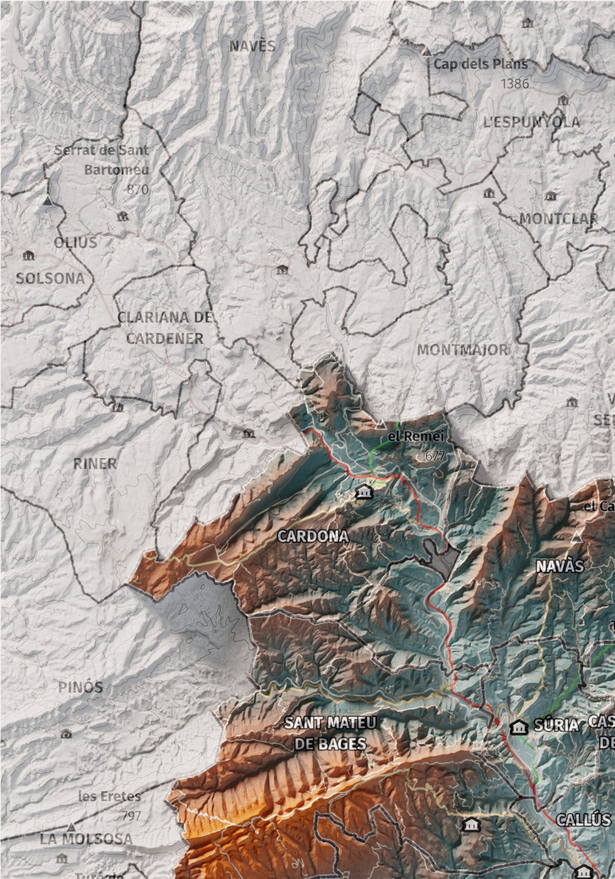 Mapa de relieve del Bages, con el territorio en color y el entorno en blanco. Detalle de la zona superior izquierda. 21 × 30 cm. Estilo Azul y naranja. Agua del mapa en blanco.