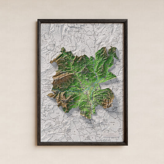 Mapa de relleu del Bages, amb el territori en color i l’entorn en blanc. Presentació amb marc. 21 × 30 cm. Estil Classic.