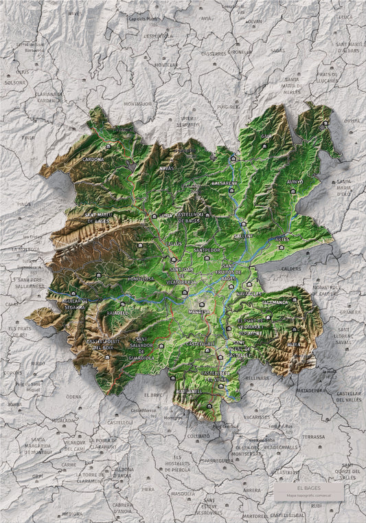 Mapa de relleu del Bages, amb el territori en color i l’entorn en blanc. Vista completa de la làmina. 21 × 30 cm. Estil Classic.