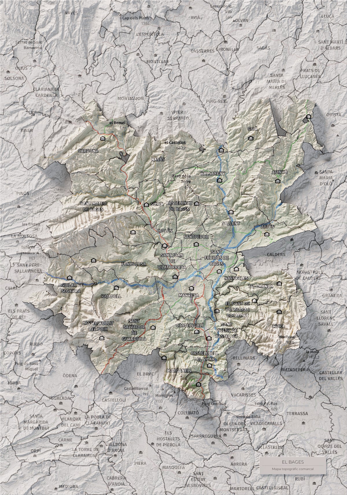 Mapa de relleu del Bages, amb el territori en color i l’entorn en blanc. Vista completa de la làmina. 21 × 30 cm. Estil Cartogràfic.