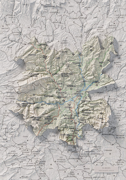 Mapa de relleu del Bages, amb el territori en color i l’entorn en blanc. Vista completa de la làmina. 21 × 30 cm. Estil Cartogràfic.