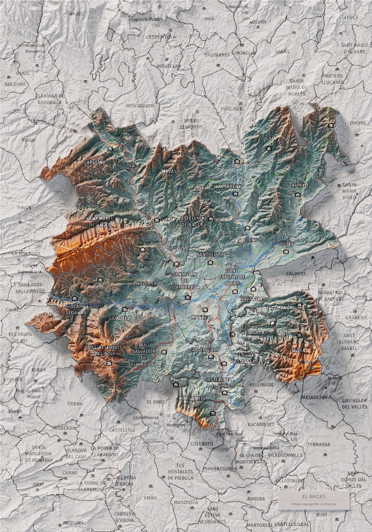 Mapa de relieve del Bages, con el territorio en color y el entorno en blanco. Vista completa de la lámina. 21 × 30 cm. Estilo Azul y naranja. Agua del mapa en blanco.