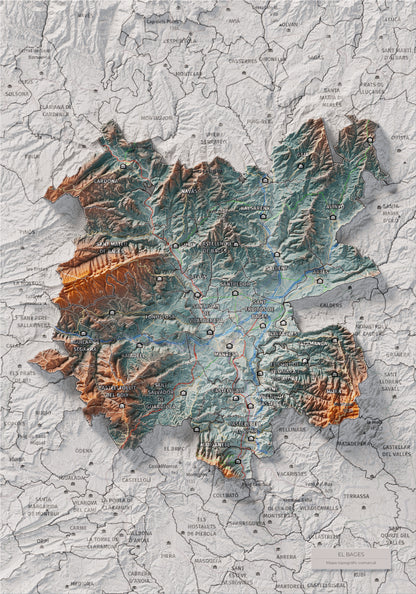 Mapa de relieve del Bages, con el territorio en color y el entorno en blanco. Vista completa de la lámina. 21 × 30 cm. Estilo Azul y naranja. Agua del mapa en blanco.