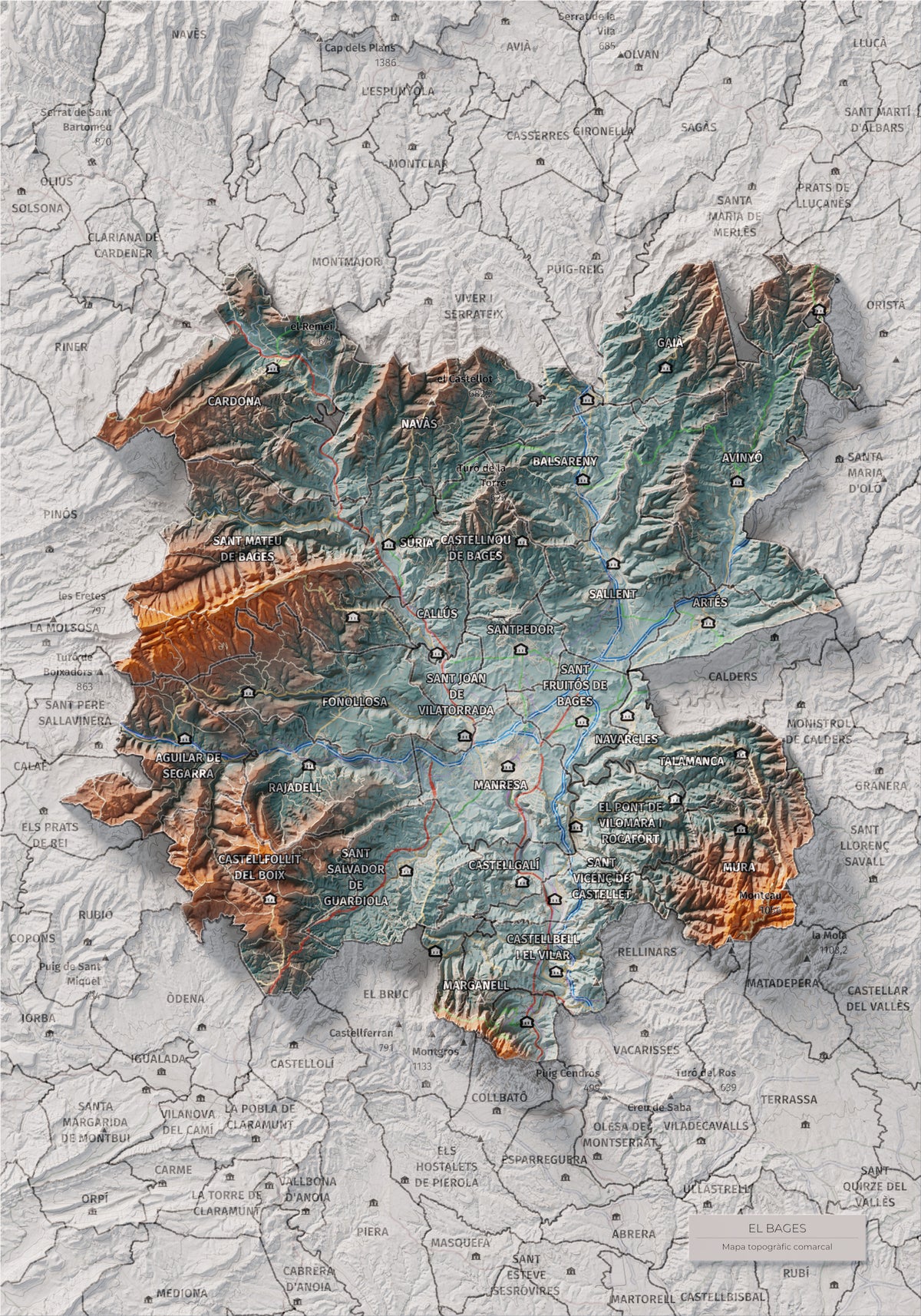 Mapa de relleu del Bages, amb el territori en color i l’entorn en blanc. Vista completa de la làmina. 21 × 30 cm. Estil Blau i taronja.