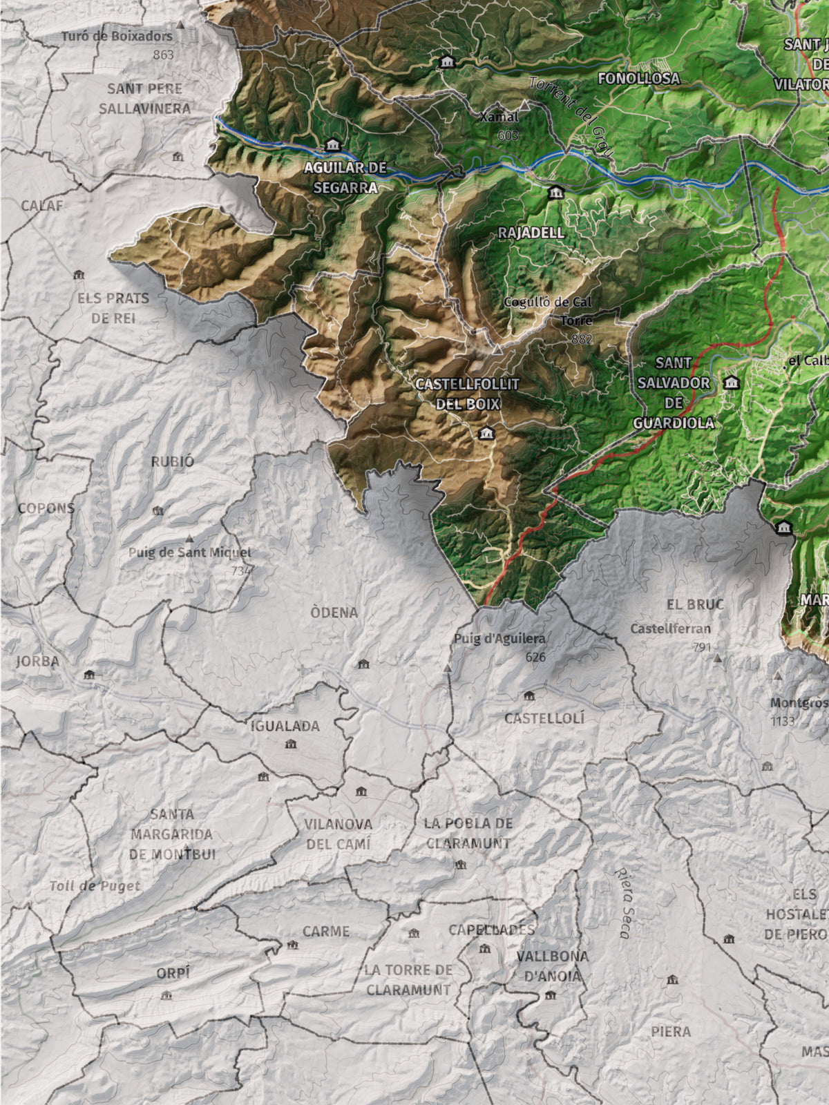 Mapa de relleu del Bages, amb el territori en color i l’entorn en blanc. Detall de la part inferior esquerra. 30 × 40 cm. Estil Clàssic.