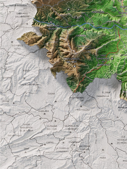 Mapa de relleu del Bages, amb el territori en color i l’entorn en blanc. Detall de la part inferior esquerra. 30 × 40 cm. Estil Clàssic.