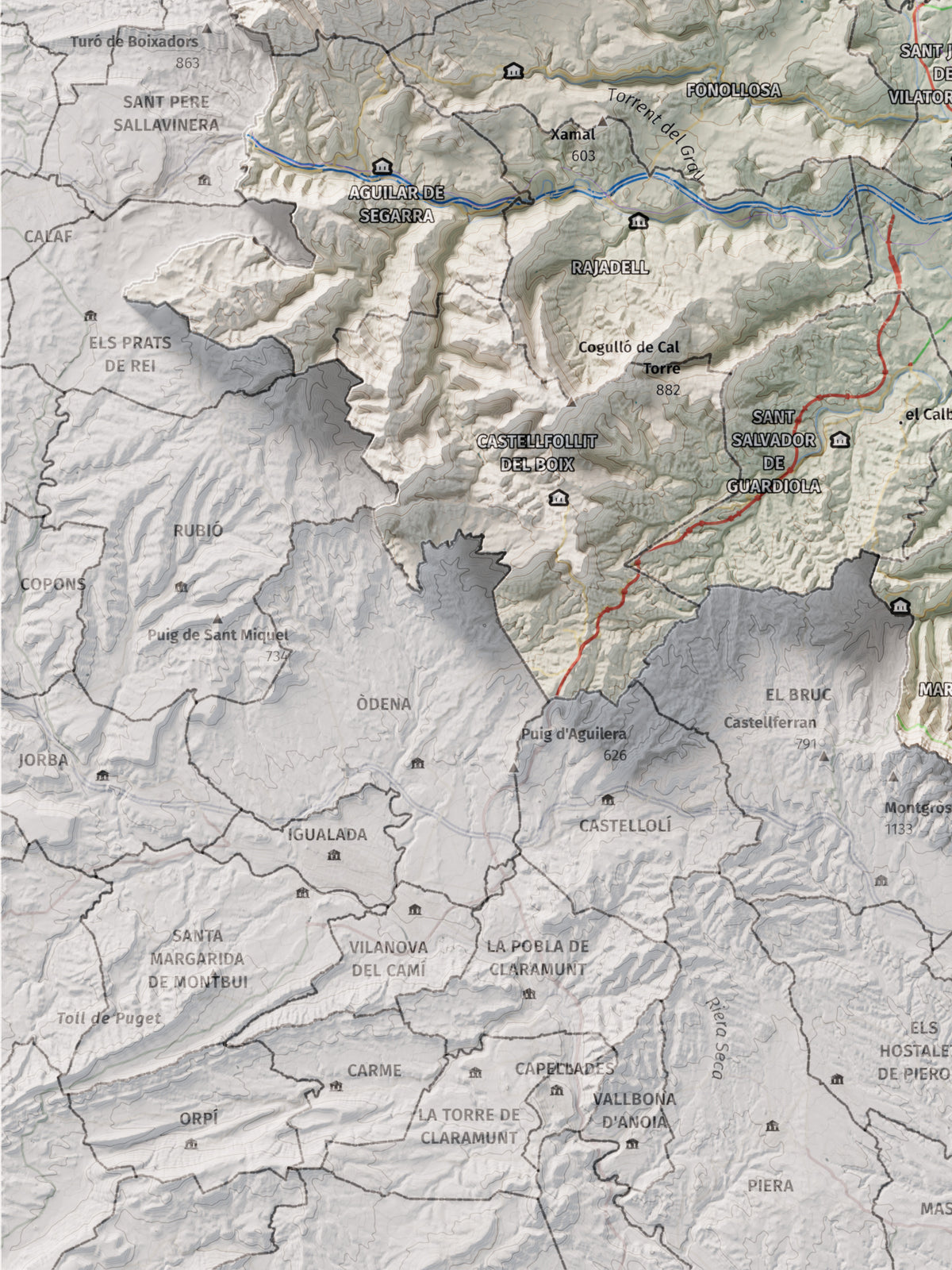 Mapa de relleu del Bages, amb el territori en color i l’entorn en blanc. Detall de la part inferior esquerra. 30 × 40 cm. Estil Cartogràfic.