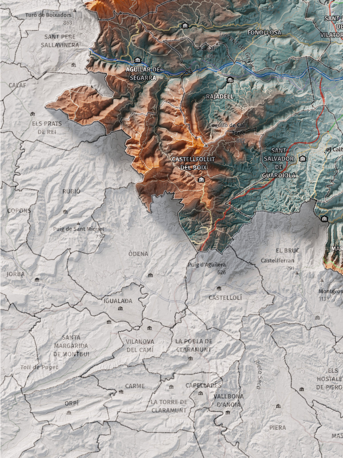 Mapa de relieve del Bages, con el territorio en color y el entorno en blanco. Detalle de la zona inferior izquierda. 30 × 40 cm. Estilo Azul y naranja. Agua del mapa en blanco.