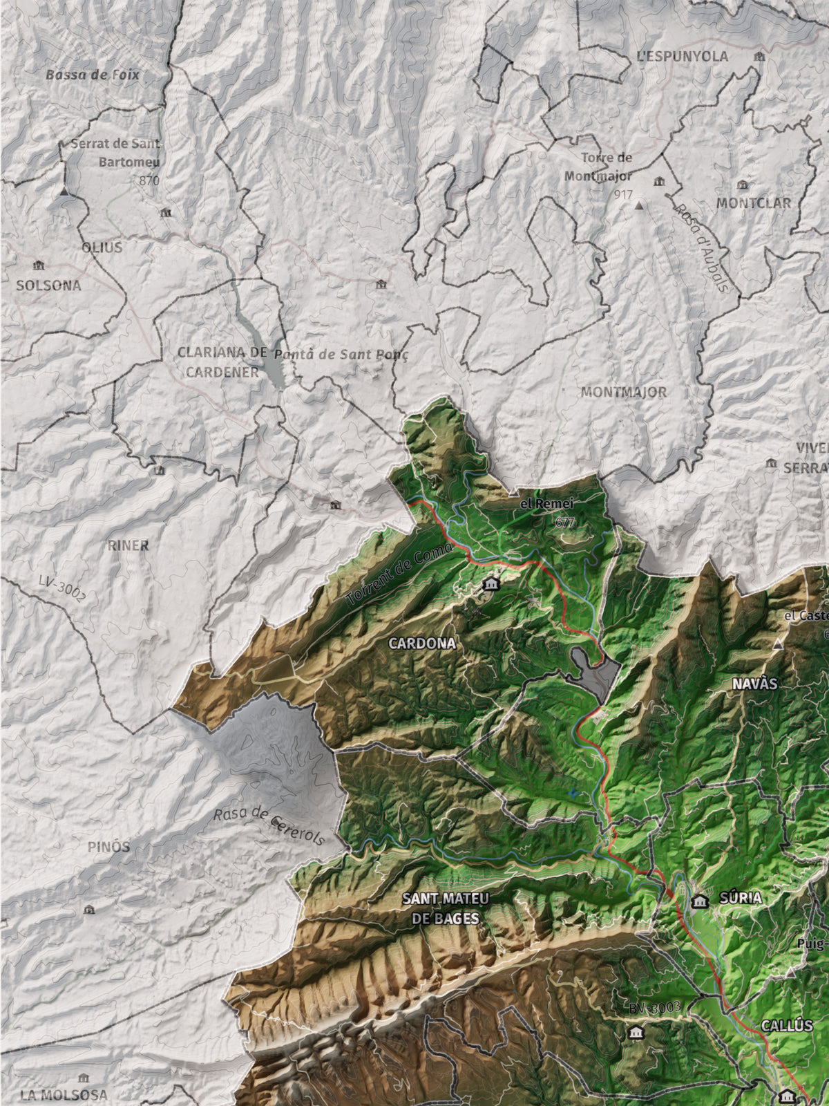 Mapa de relleu del Bages, amb el territori en color i l’entorn en blanc. Detall de la part superior esquerra. 30 × 40 cm. Estil Clàssic.