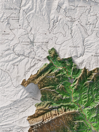Mapa de relleu del Bages, amb el territori en color i l’entorn en blanc. Detall de la part superior esquerra. 30 × 40 cm. Estil Clàssic.