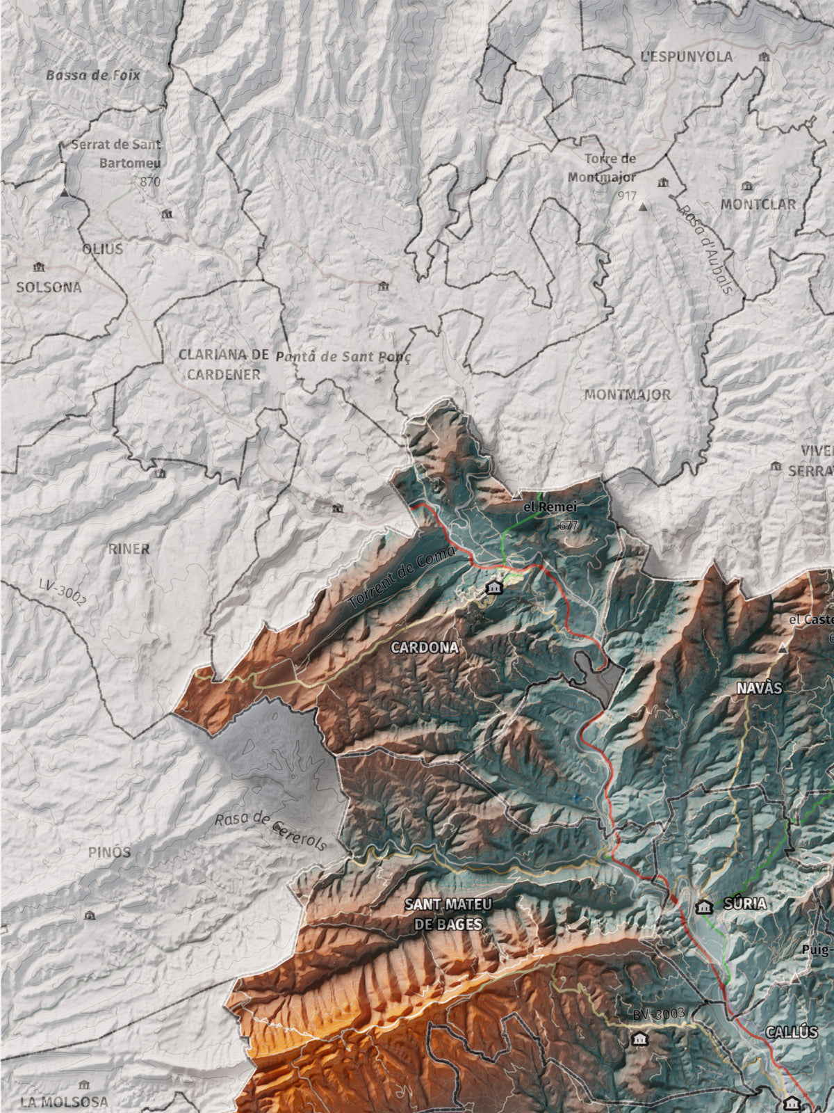 Mapa de relieve del Bages, con el territorio en color y el entorno en blanco. Detalle de la zona superior izquierda. 30 × 40 cm. Estilo Azul y naranja. Agua del mapa en blanco.