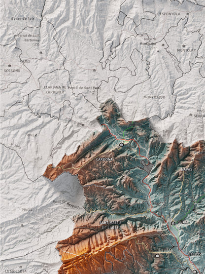 Mapa de relieve del Bages, con el territorio en color y el entorno en blanco. Detalle de la zona superior izquierda. 30 × 40 cm. Estilo Azul y naranja. Agua del mapa en blanco.