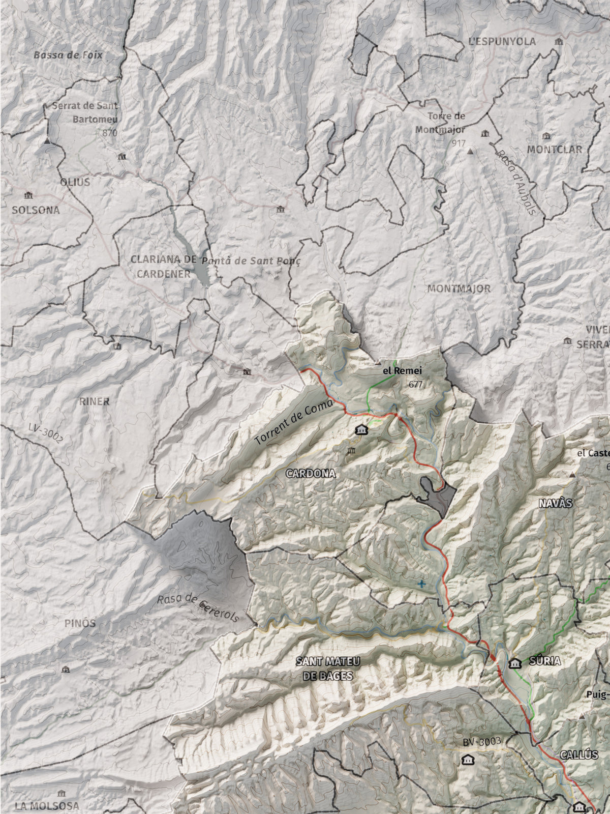 Mapa de relleu del Bages, amb el territori en color i l’entorn en blanc. Detall de la part superior esquerra. 30 × 40 cm. Estil Cartogràfic.
