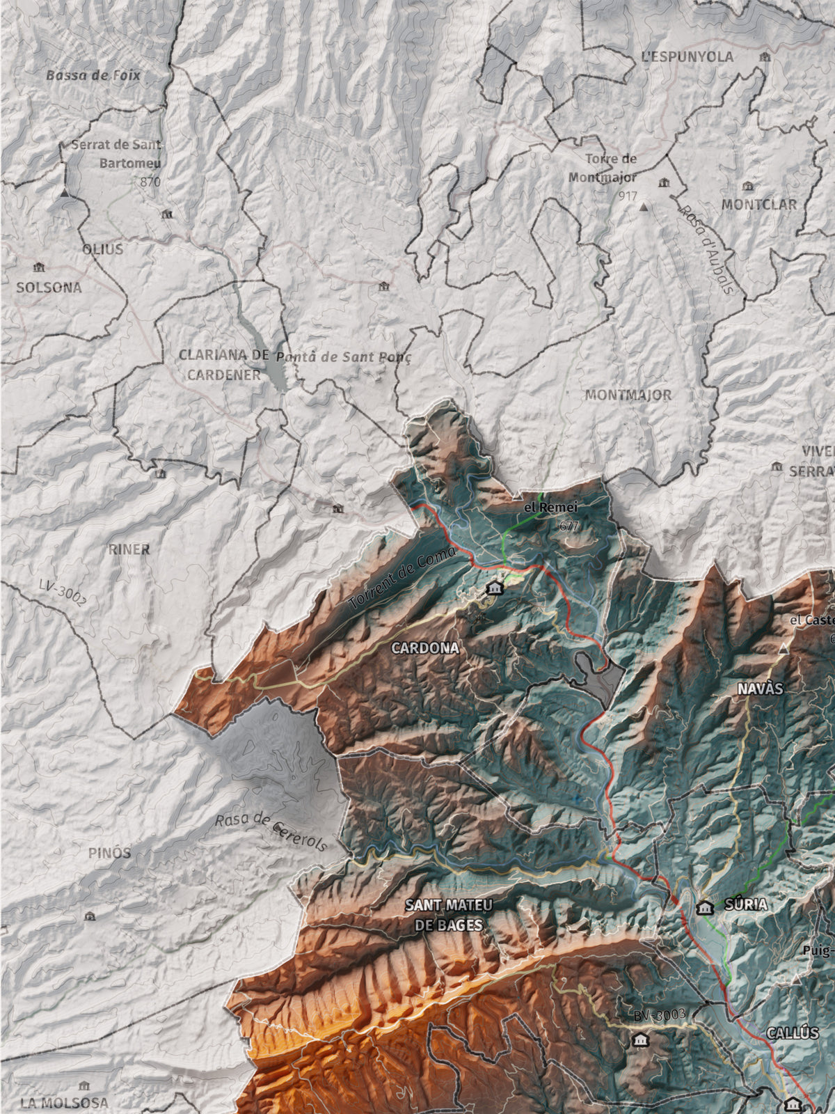 Mapa de relleu del Bages, amb el territori en color i l’entorn en blanc. Detall de la part superior esquerra. 30 × 40 cm. Estil Blau i taronja.