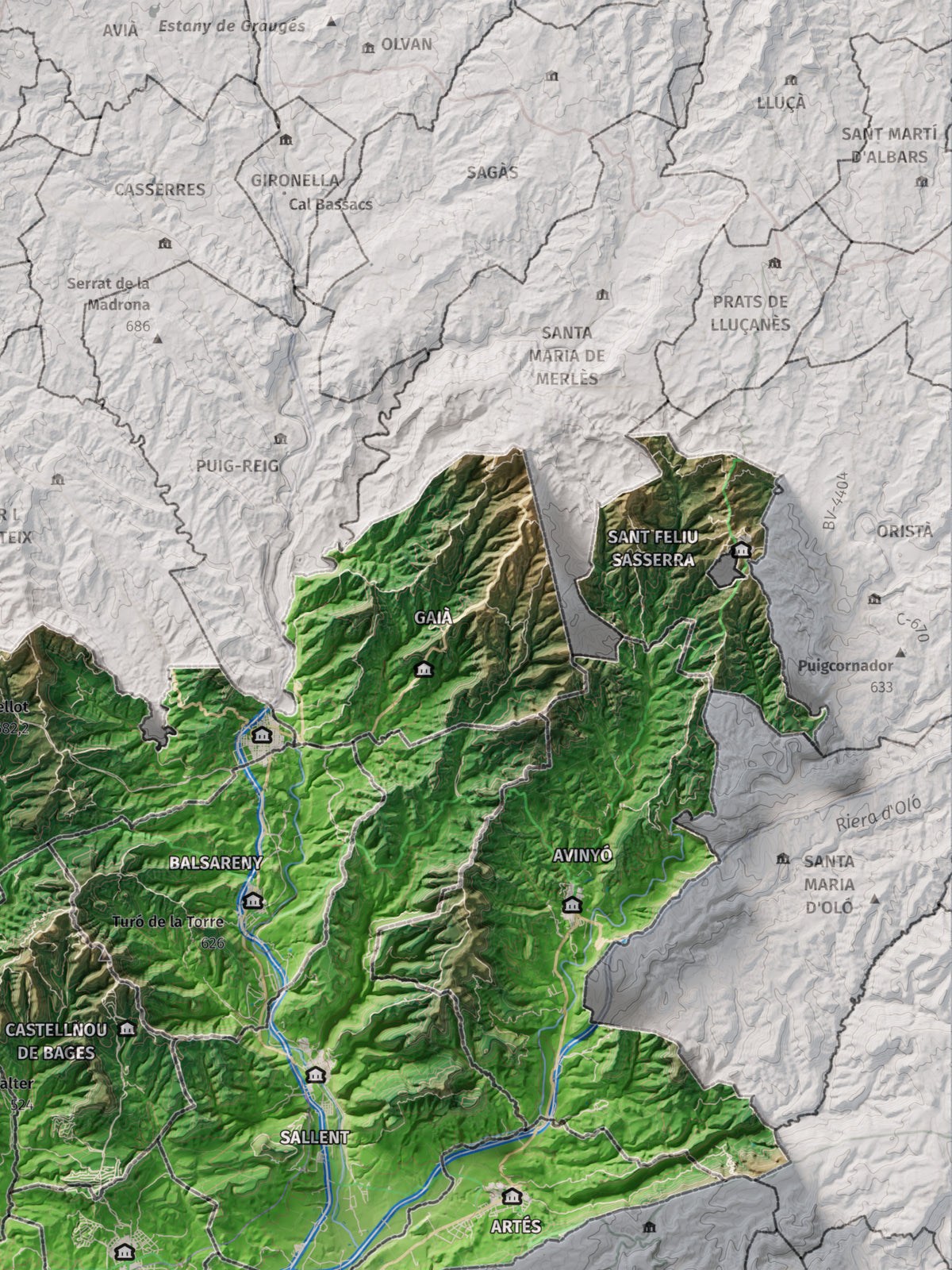 Mapa de relleu del Bages, amb el territori en color i l’entorn en blanc. Detall de la part superior dreta. 30 × 40 cm. Estil Clàssic.