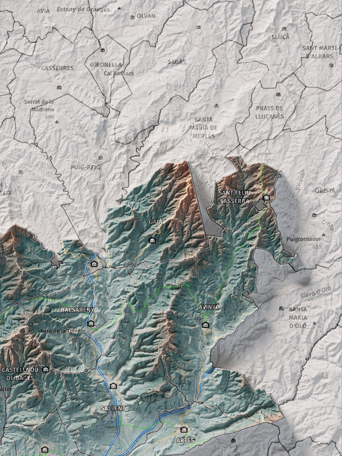 Mapa de relieve del Bages, con el territorio en color y el entorno en blanco. Detalle de la zona superior derecha. 30 × 40 cm. Estilo Azul y naranja. Agua del mapa en blanco.