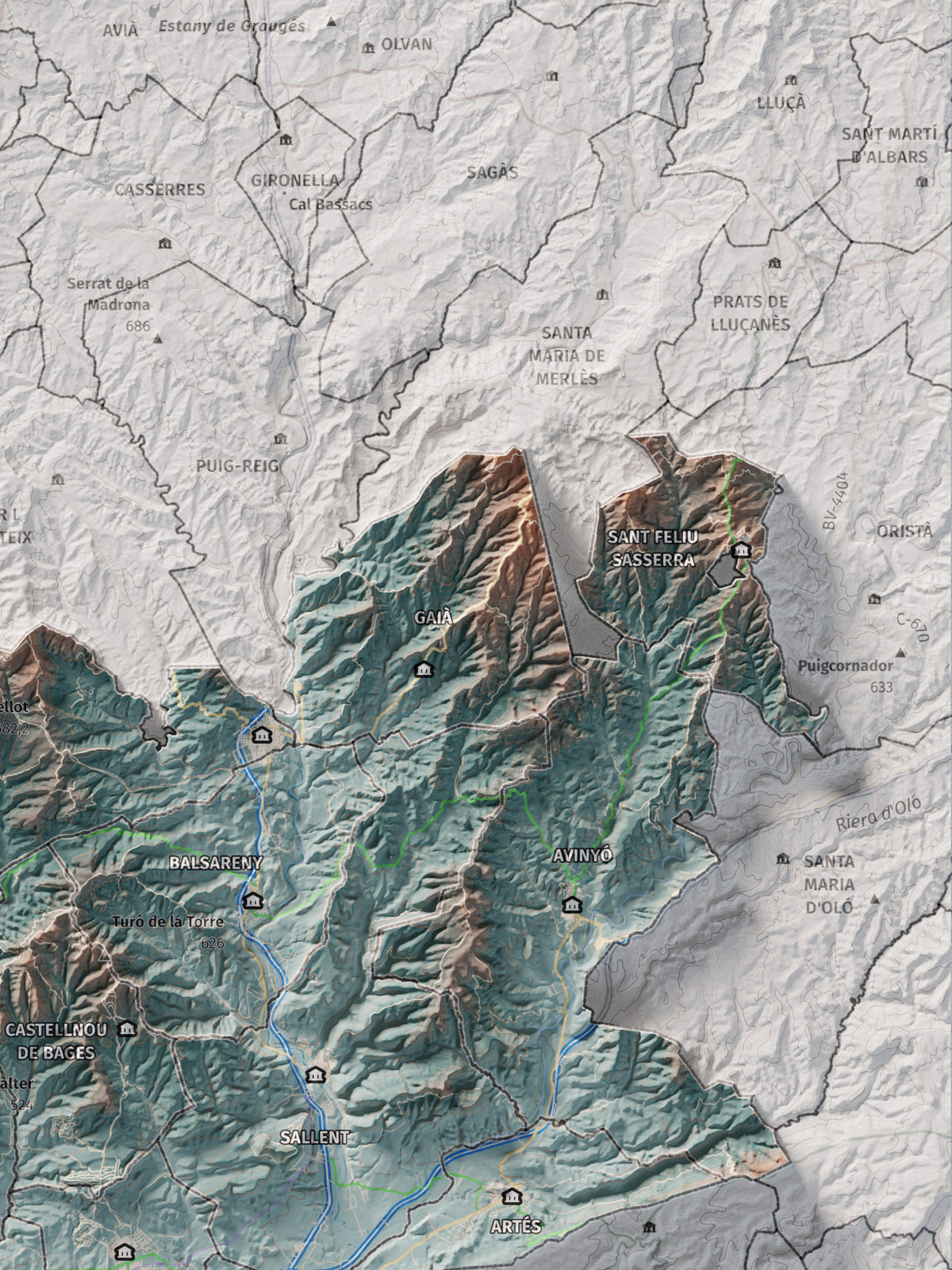 Mapa de relleu del Bages, amb el territori en color i l’entorn en blanc. Detall de la part superior dreta. 30 × 40 cm. Estil Blau i taronja.