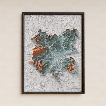 Mapa de relieve del Bages, con el territorio en color y el entorno en blanco. Presentación con marco. 30 × 40 cm. Estilo Azul y naranja. Agua del mapa en blanco.