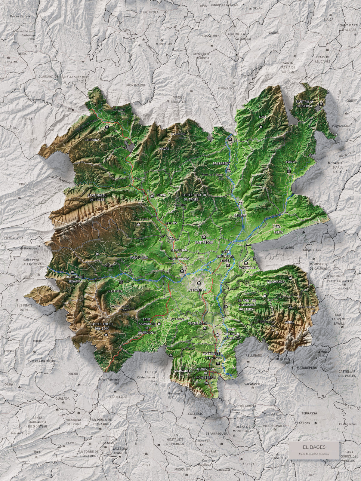 Mapa de relleu del Bages, amb el territori en color i l’entorn en blanc. Vista completa de la làmina. 30 × 40 cm. Estil Clàssic.