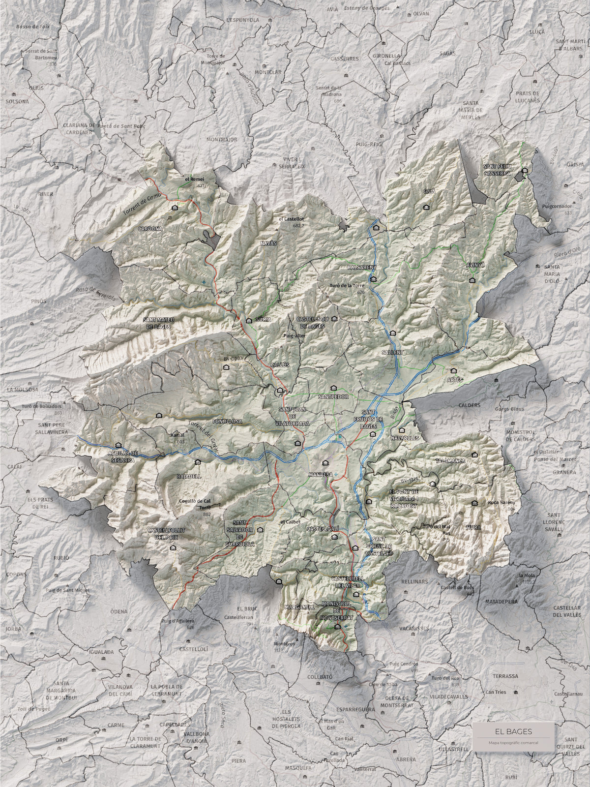 Mapa de relleu del Bages, amb el territori en color i l’entorn en blanc. Vista completa de la làmina. 30 × 40 cm. Estil Cartogràfic.