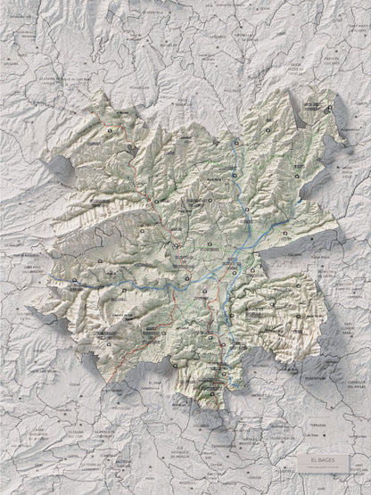 Mapa de relleu del Bages, amb el territori en color i l’entorn en blanc. Vista completa de la làmina. 30 × 40 cm. Estil Cartogràfic.