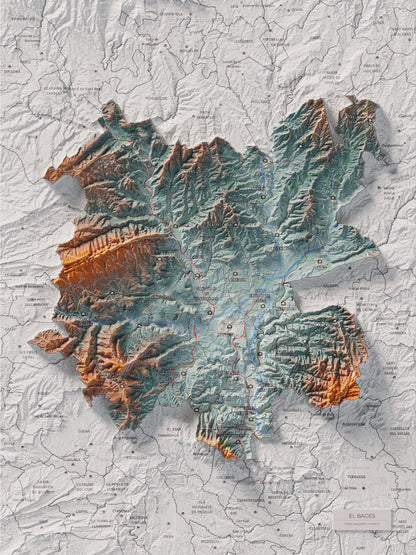 Mapa de relleu del Bages, amb el territori en color i l’entorn en blanc. Vista completa de la làmina. 30 × 40 cm. Estil Blau i taronja.