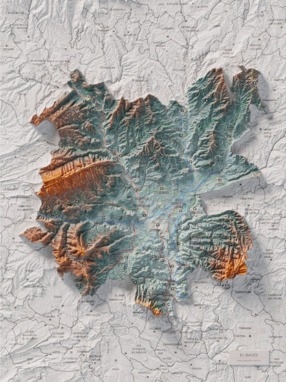 Mapa de relieve del Bages, con el territorio en color y el entorno en blanco. Vista completa de la lámina. 30 × 40 cm. Estilo Azul y naranja. Agua del mapa en blanco.