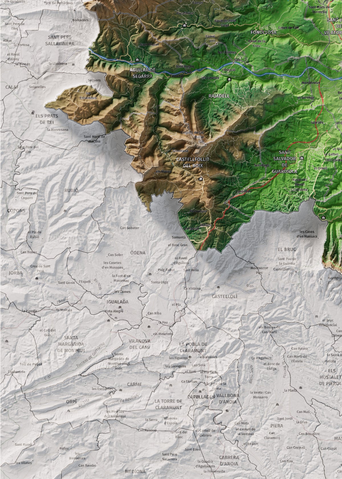 Mapa de relleu del Bages, amb el territori en color i l’entorn en blanc. Detall de la part inferior esquerra. 50 × 70 cm. Estil Clàssic.
