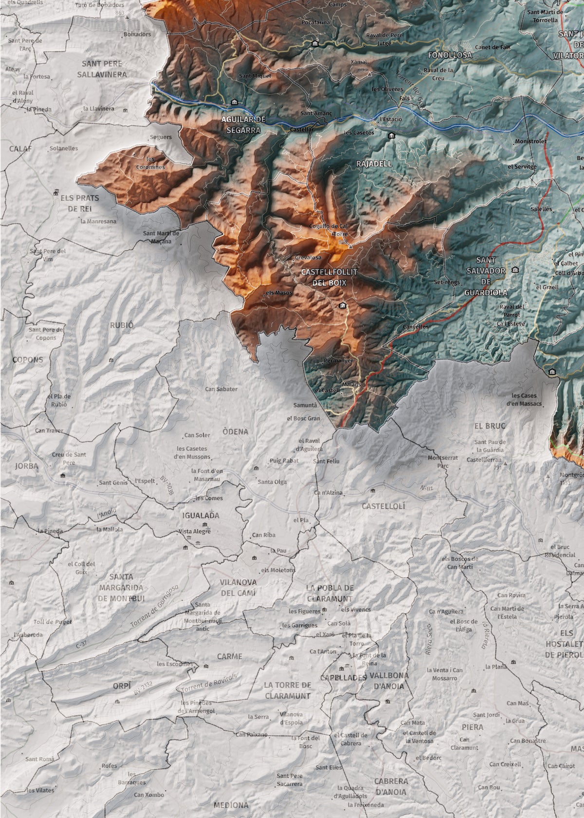 Mapa de relieve del Bages, con el territorio en color y el entorno en blanco. Detalle de la zona inferior izquierda. 50 × 70 cm. Estilo Azul y naranja. Agua del mapa en blanco.